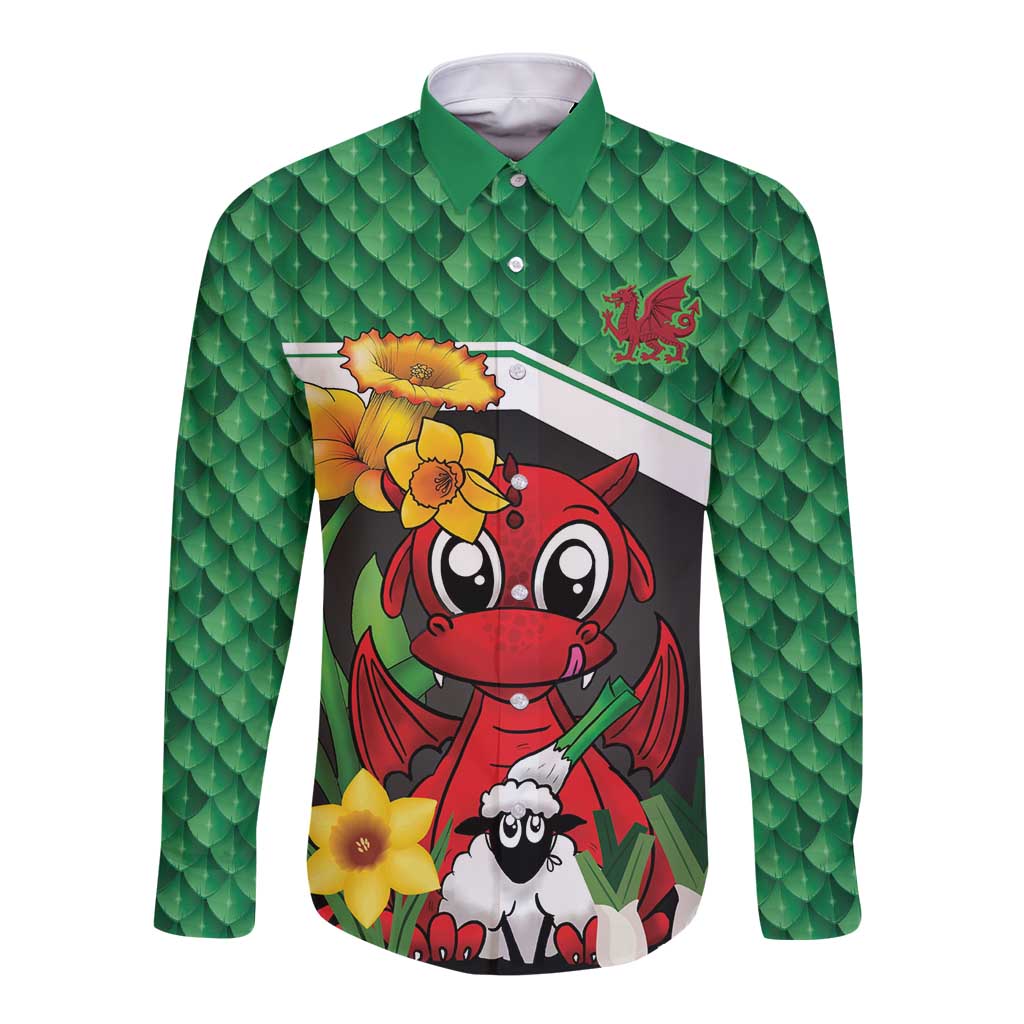Saint David's Day Personalized Long Sleeve Button Shirt Green Welsh Dragon Daffodil Sheep Leak - Wonder Print Shop