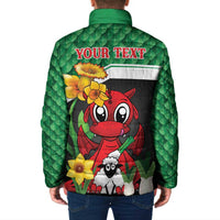 Saint David's Day Personalized Padded Jacket Green Welsh Dragon Daffodil Sheep Leak - Wonder Print Shop