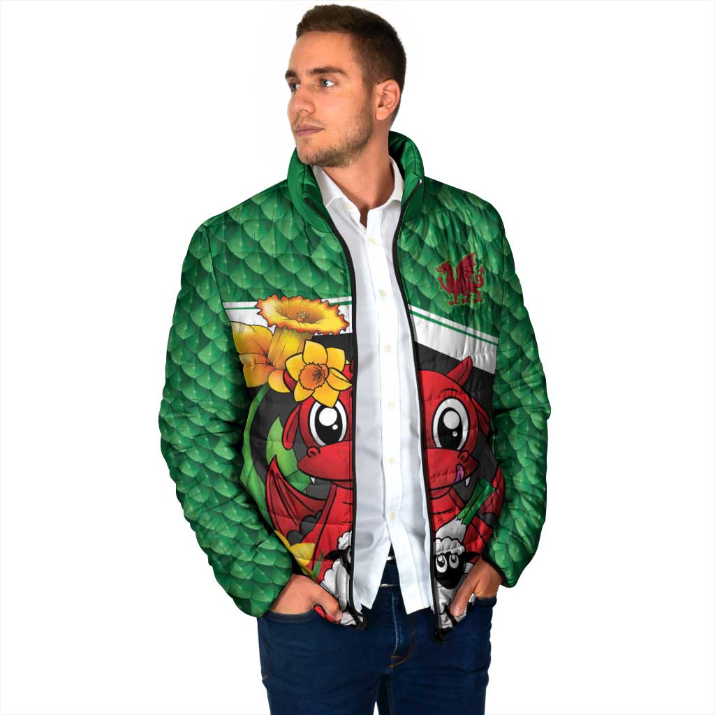 Saint David's Day Personalized Padded Jacket Green Welsh Dragon Daffodil Sheep Leak - Wonder Print Shop