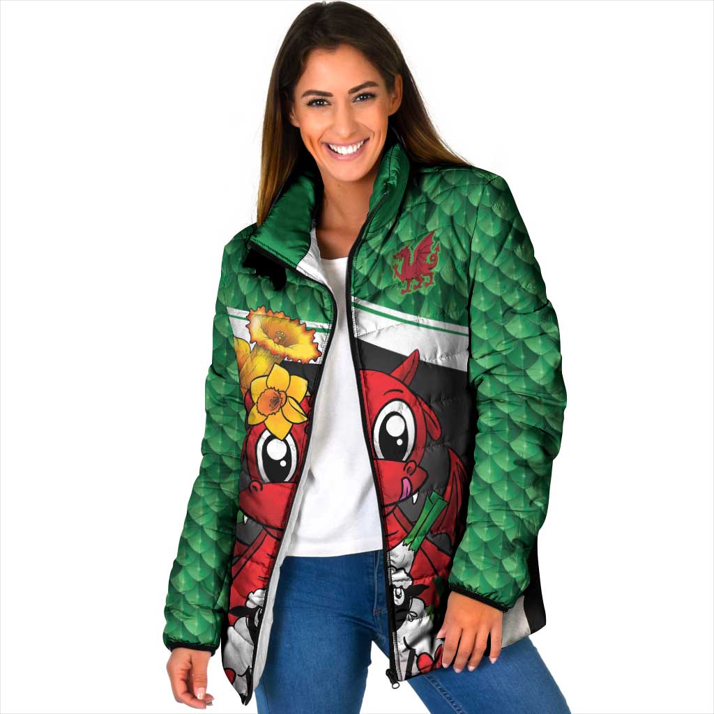 Saint David's Day Personalized Padded Jacket Green Welsh Dragon Daffodil Sheep Leak - Wonder Print Shop