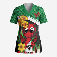 Saint David's Day Personalized Scrub Top Green Welsh Dragon Daffodil Sheep Leak - Wonder Print Shop