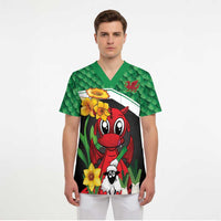 Saint David's Day Personalized Scrub Top Green Welsh Dragon Daffodil Sheep Leak - Wonder Print Shop