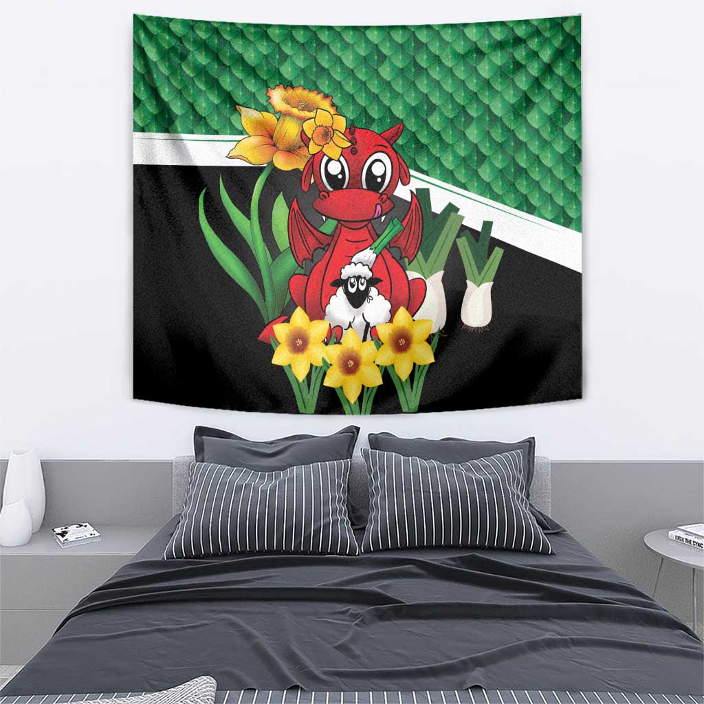 Saint David's Day Tapestry Green Welsh Dragon Daffodil Sheep Leak - Wonder Print Shop