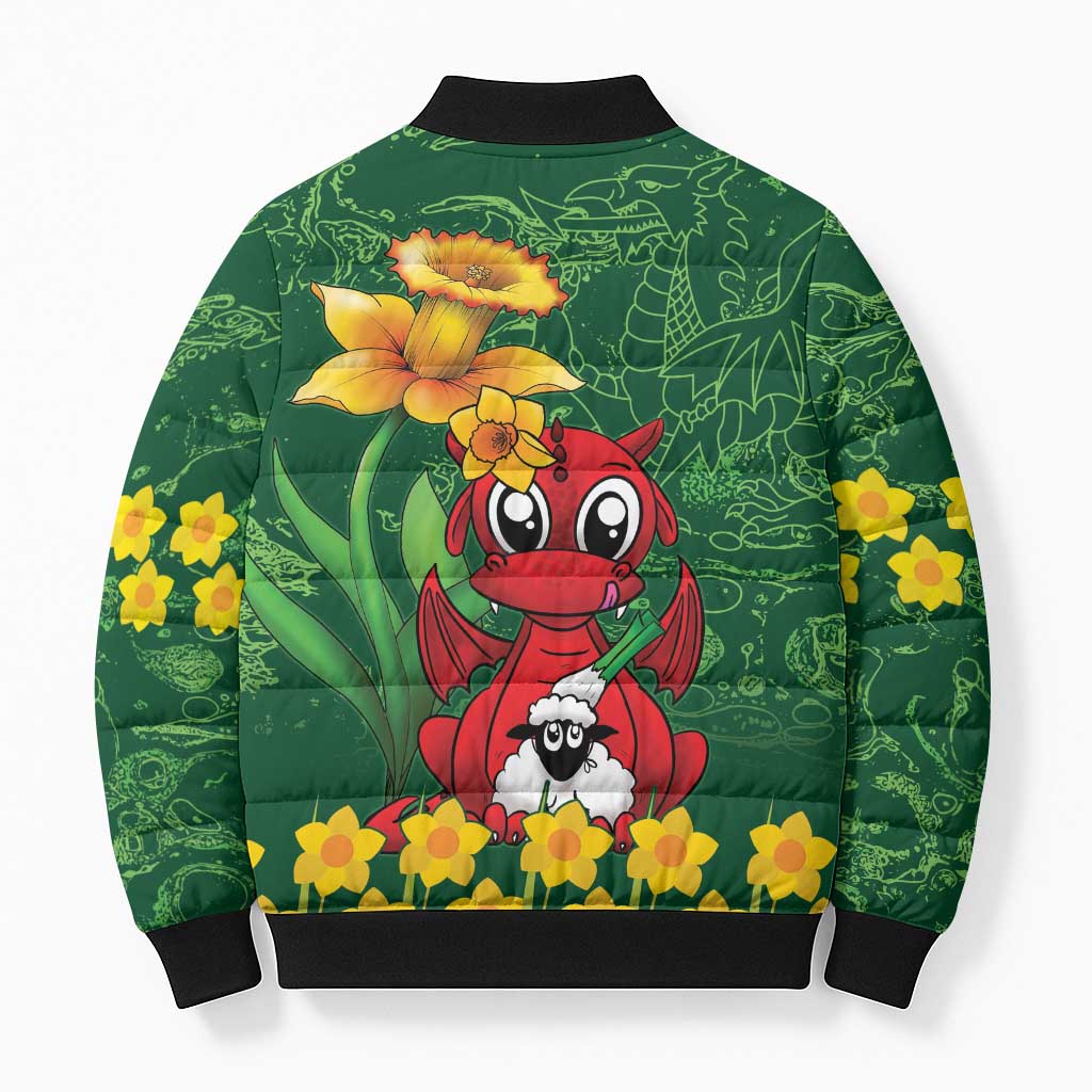 Saint David's Day Bomber Puffer Jacket Welsh Dragons Yellow Daffodils - Wonder Print Shop