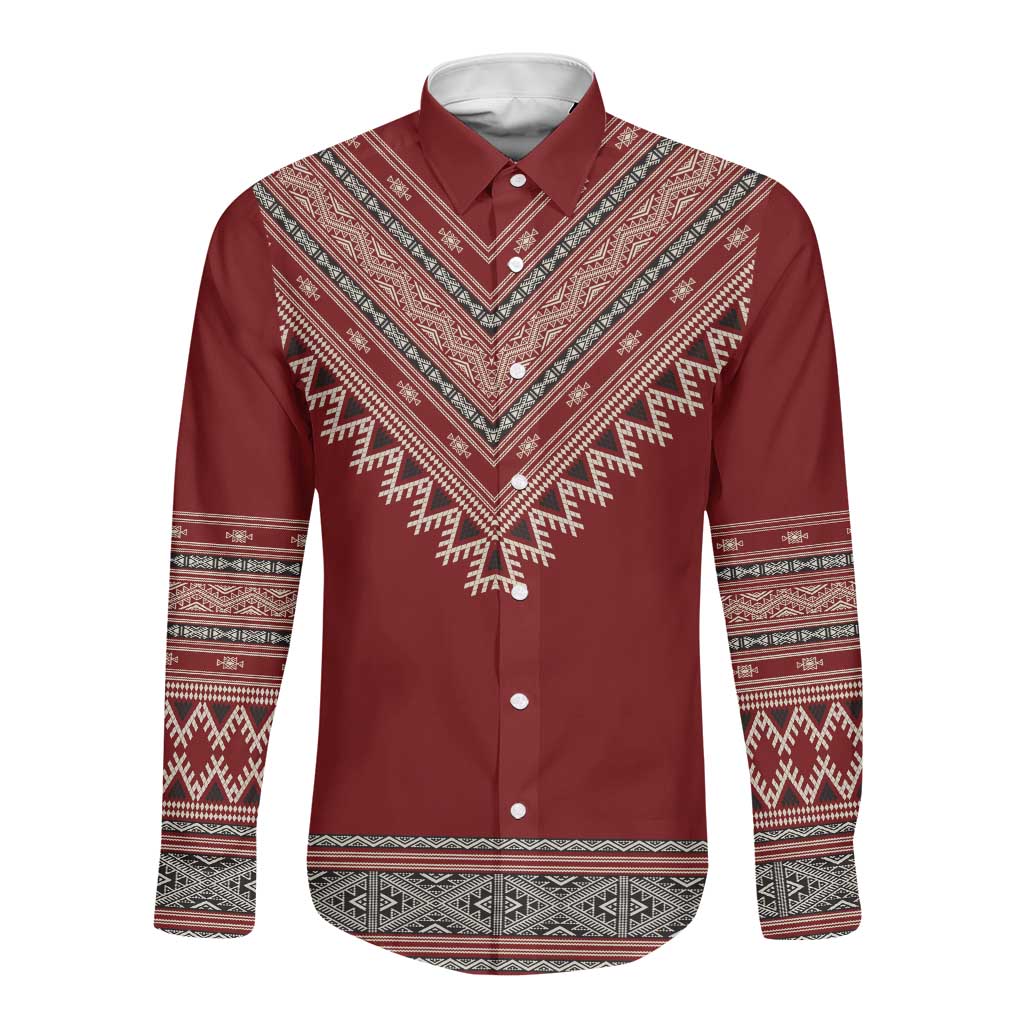 Tunisian Embroidery Pattern Long Sleeve Button Shirt - Wonder Print Shop