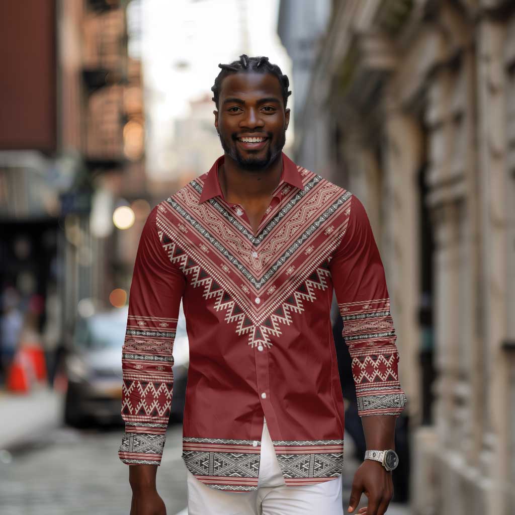 Tunisian Embroidery Pattern Long Sleeve Button Shirt - Wonder Print Shop