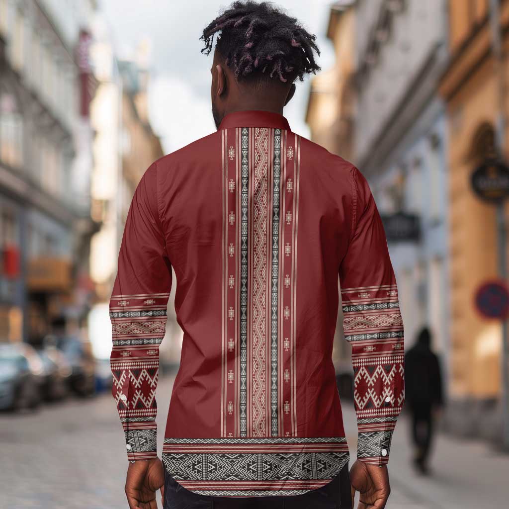 Tunisian Embroidery Pattern Long Sleeve Button Shirt - Wonder Print Shop