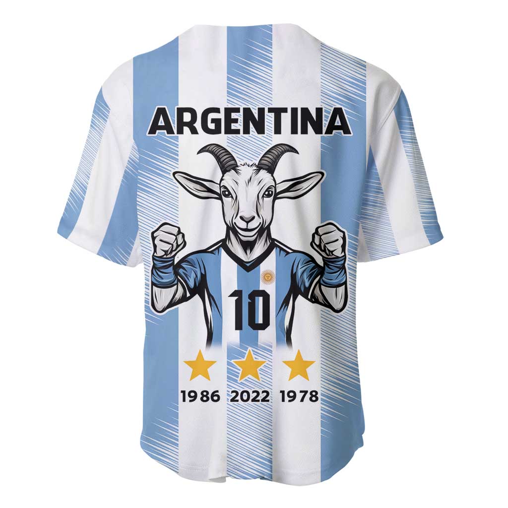 Blue Argentina baseball jersey back with bold ARGENTINA text, goat mascot, year stars