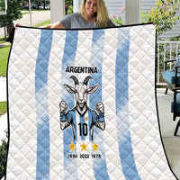 Argentina quilt blanket in white with light blue stripes and goat player graphic, 10 badge
