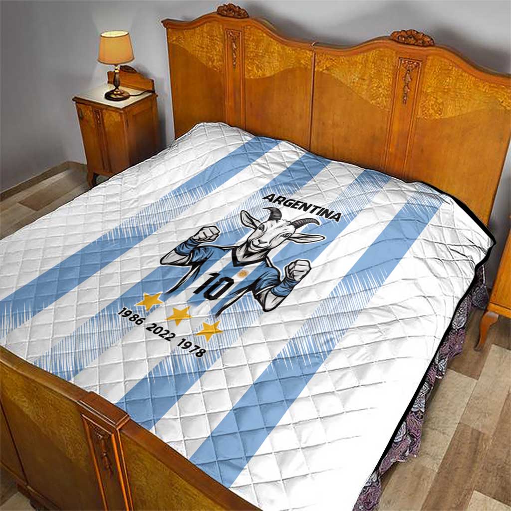 Argentina quilt blanket on bed with white diamond quilting, light blue stripes, goat player 10