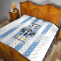 Argentina quilt blanket on bed with white diamond quilting, light blue stripes, goat player 10