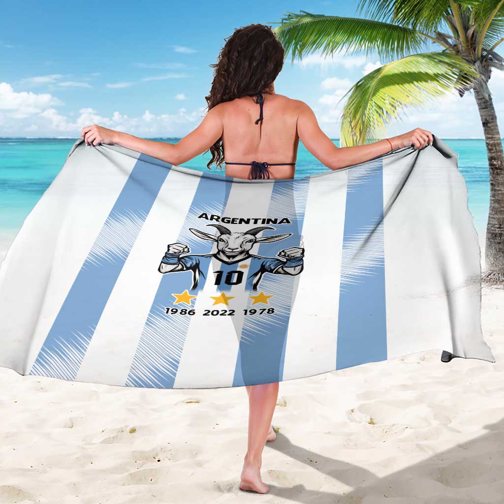 Argentina sarong, back view: goat emblem with number 10 on light blue stripes.