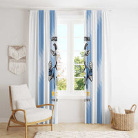 Blue and white Argentina goat soccer window curtains with matching curtain top headings