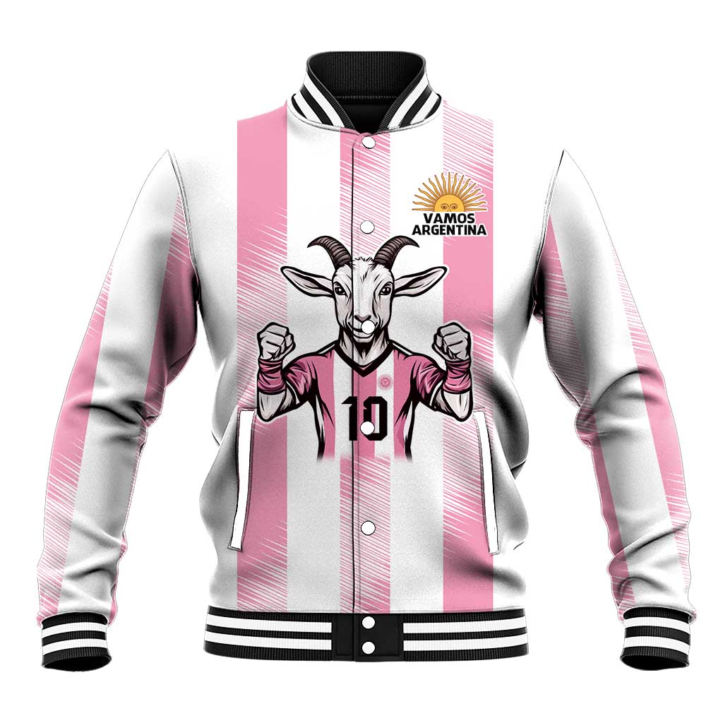 Pink and white striped varsity baseball jacket with goat mascot graphic and snap front