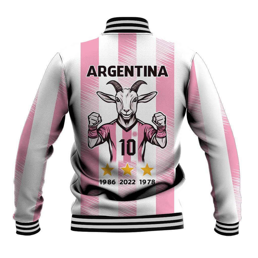 Pink and white striped varsity baseball jacket, back shows ARGENTINA and goat mascot