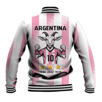 Pink and white striped varsity baseball jacket, back shows ARGENTINA and goat mascot