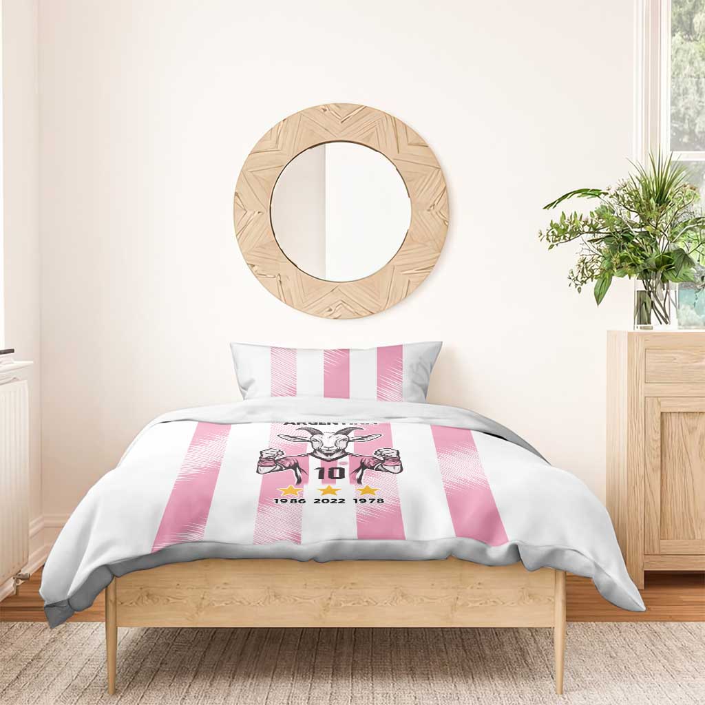 Pink Argentina goat bedding set with striped duvet and pillows, goat 10 and Argentina text