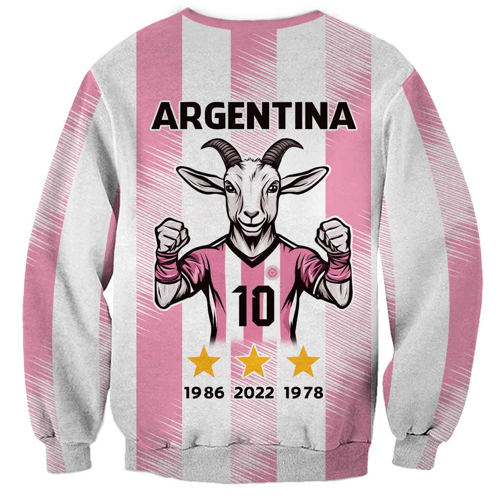 Pink and gray crewneck sweatshirt with Argentina text, goat graphic, stars, years, 10