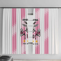 Pink window curtain with vertical stripe panels and Argentina goat player graphic
