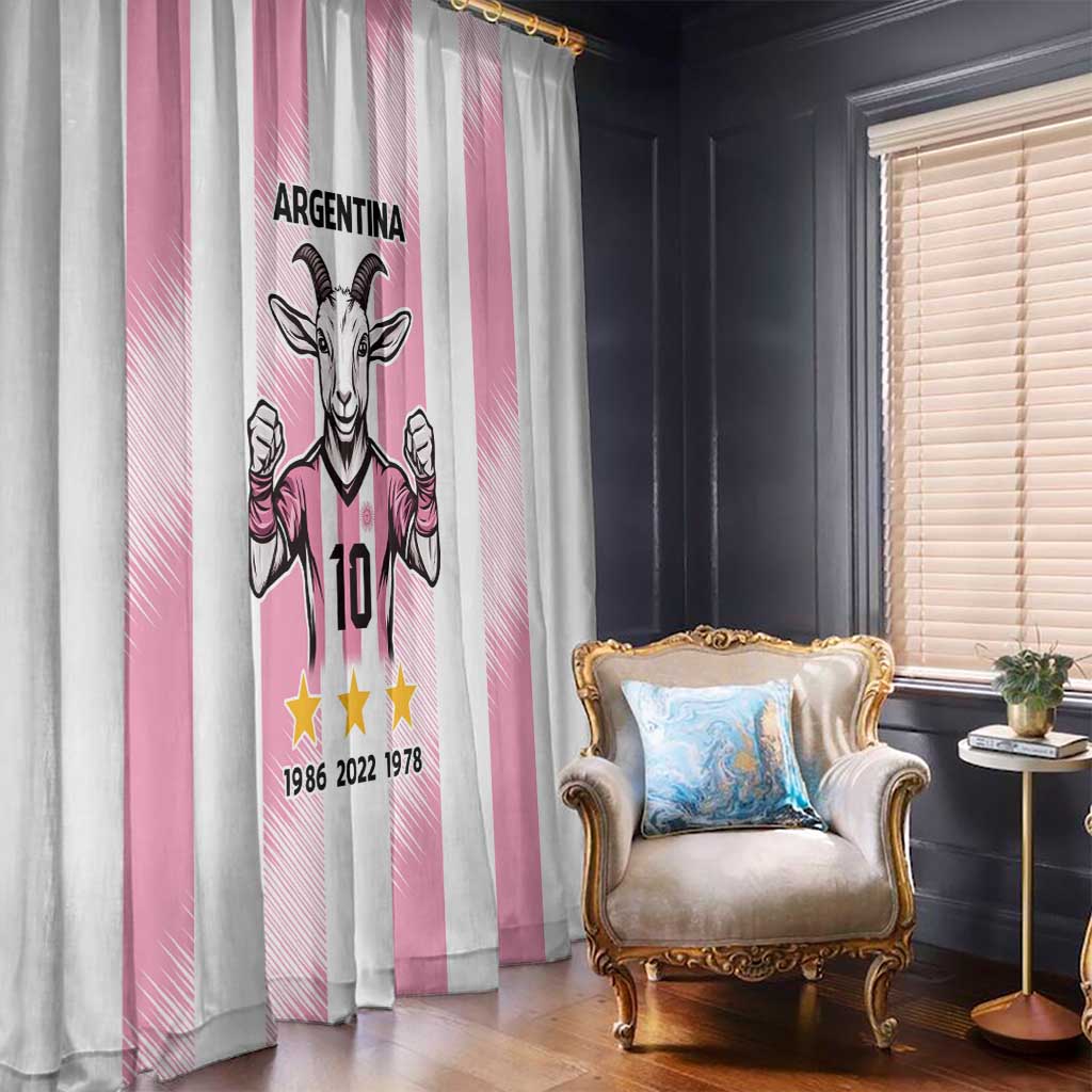 Pink Argentina goat window curtain with vertical stripes, hanging in a living room
