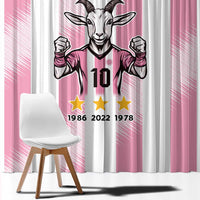 Pink window curtain featuring a large Argentina goat graphic with stars and numbers