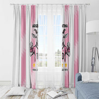 Pink window curtain with Argentina goat player graphic and vertical stripe panels on rod