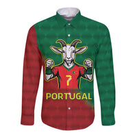 Unisex long-sleeve button shirt in green with red side panels and goat Portugal graphic