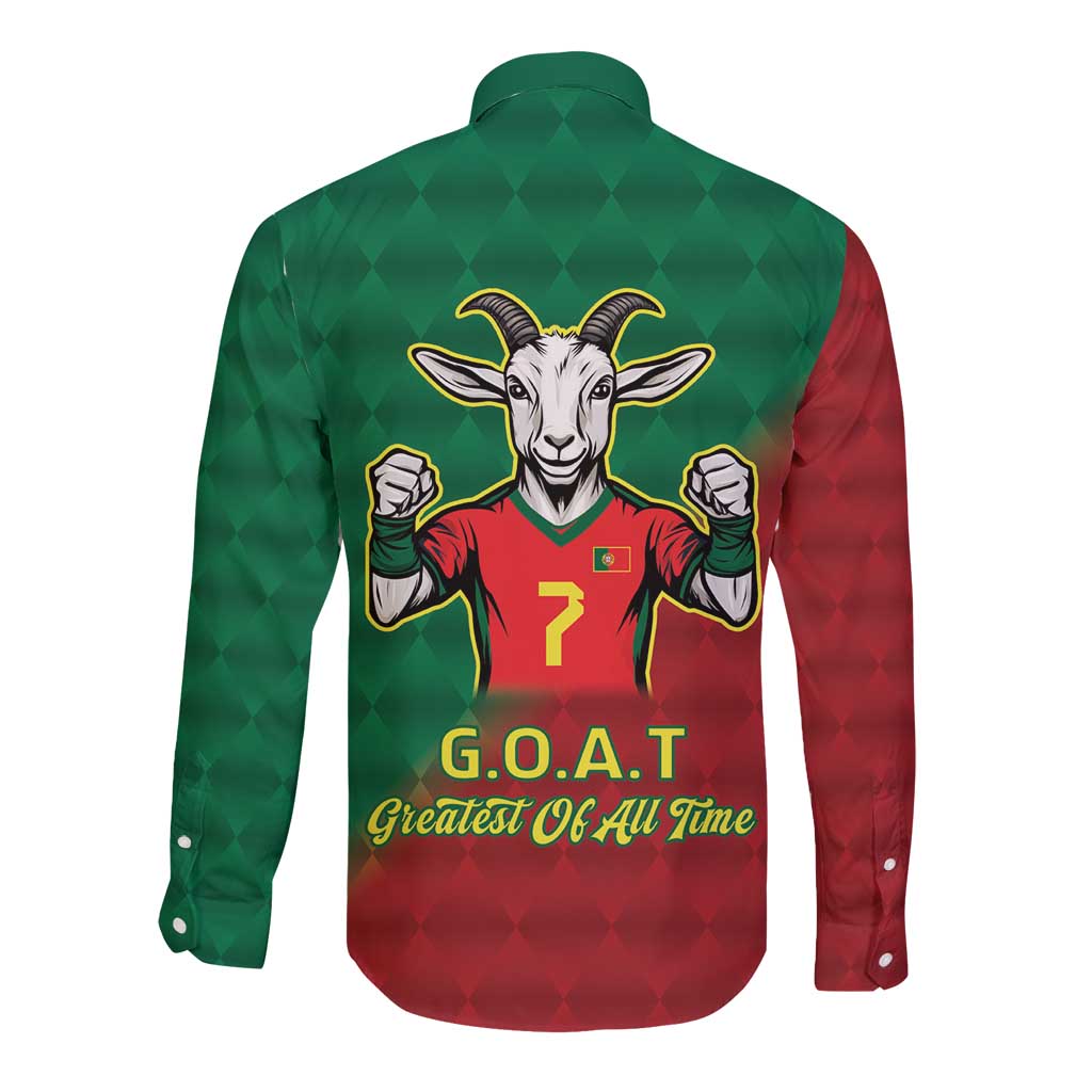Unisex long-sleeve button shirt with green back and red sleeves, goat G.O.A.T. logo