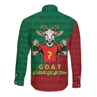 Unisex long-sleeve button shirt with green back and red sleeves, goat G.O.A.T. logo