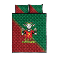 Goat quilt bed set with green and red quilt panels and G.O.A.T graphic pillow set