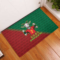 Green and red rubber doormat with running goat mascot and G.O.A.T wording