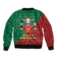 Green and red zip-up bomber jacket with back goat graphic and G.O.A.T. text