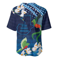 Blue quetzal bird baseball jersey with back graphic, map outline, and text