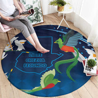 Blue round carpet rug with bird and dinosaur graphics and blue circular text panel.