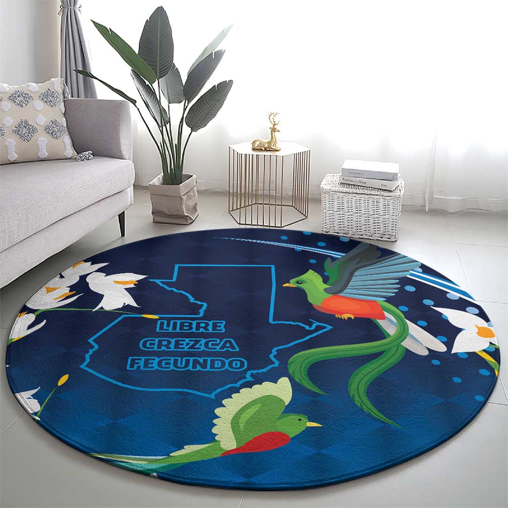 Blue round rug featuring bird and serpent dinosaur illustrations with blue center text.