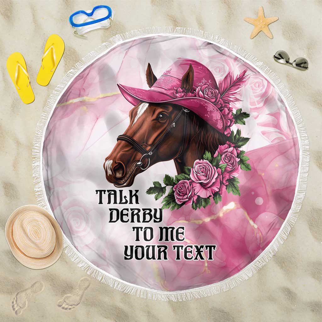 Pink round beach blanket with horse in pink hat, roses, and fringed white edge