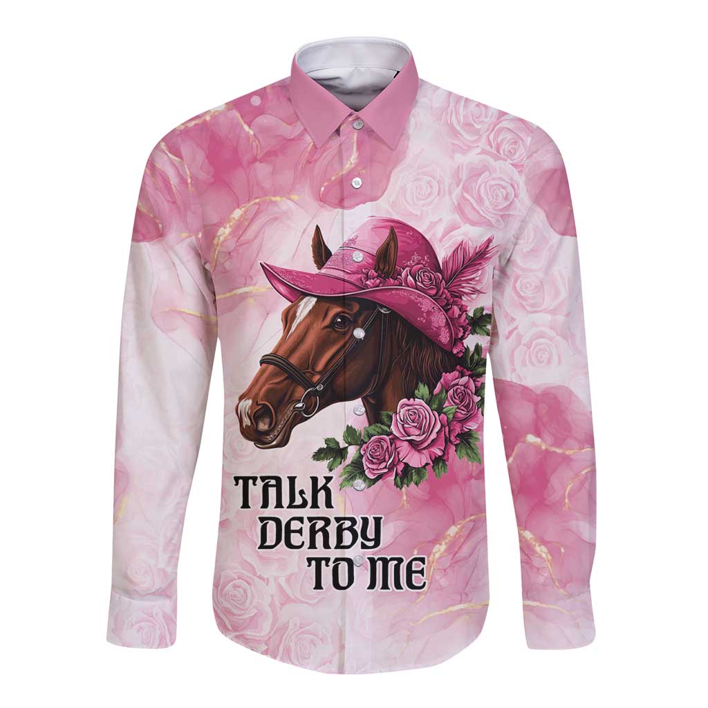 Pink long-sleeve button shirt with horse, roses, and cowboy hat graphic