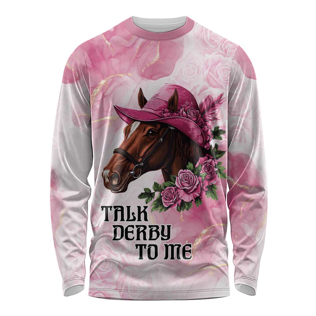 Pink long-sleeve shirt with horse head, roses, and 'Talk Derby to Me' text