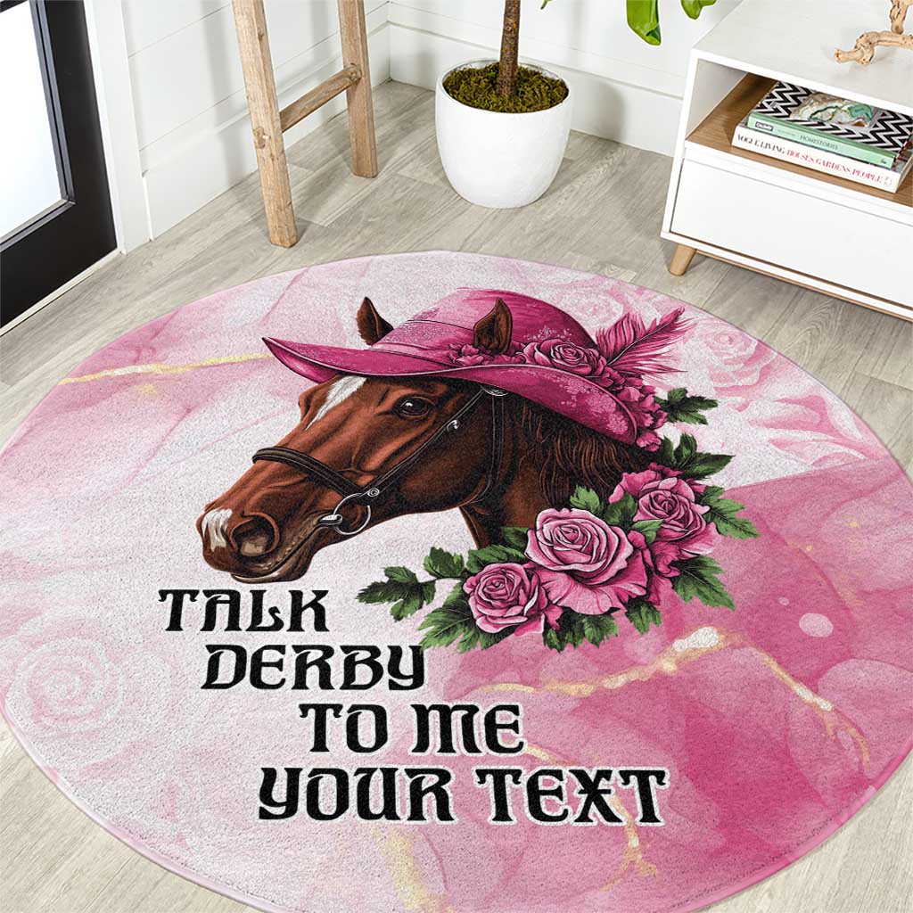 Pink round carpet with horse portrait, pink hat, roses, and customizable text