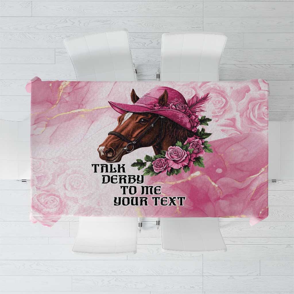 Pink tablecloth with horse head, roses, and derby text; "Your Text" centered
