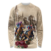 Beige long sleeve shirt with colorful jockey and horse race graphic and red roses