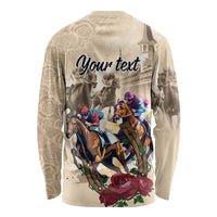Beige long sleeve shirt back with 'Your text' and jockey race illustration with roses
