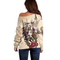 Beige off-shoulder back sweatshirt with horse race print and Your text graphic