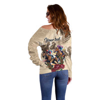 Beige off-shoulder back sweater with horse race print, roses, and Your text