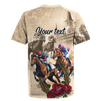 Beige rugby jersey back print with 'Your text' over horse riders and roses