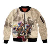 Beige zip-up bomber jacket with black collar, cuffs, and horse-race graphic front