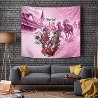 Pink horse race tapestry with riders and horses graphic