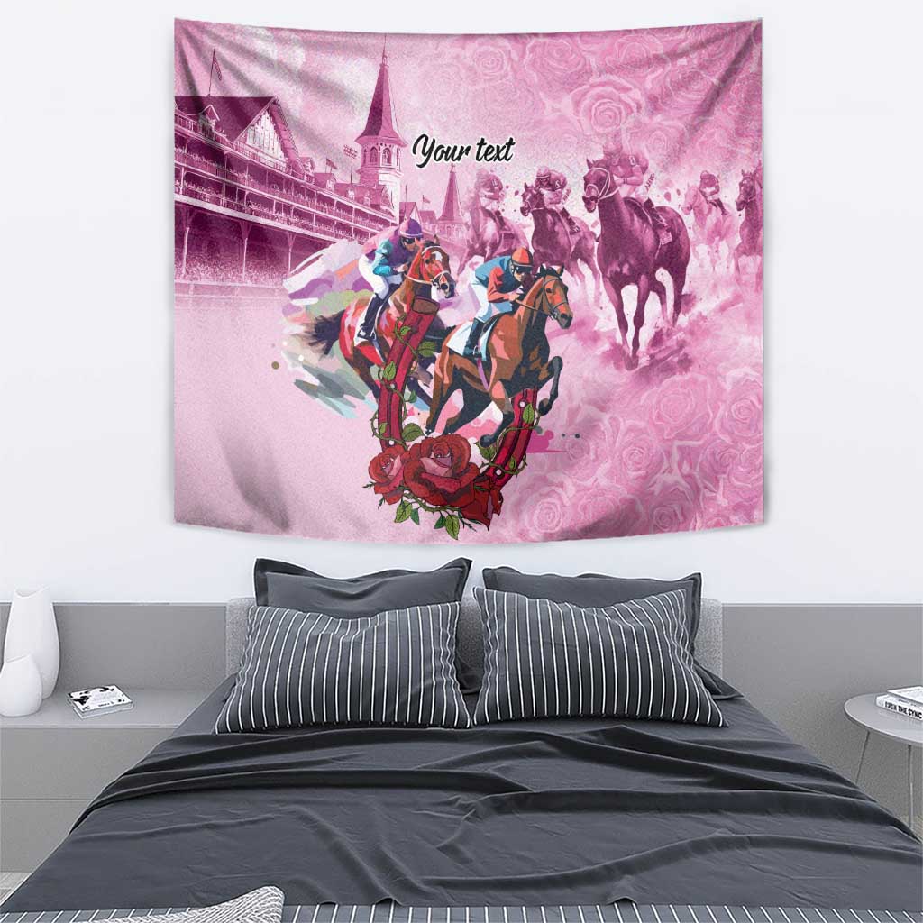 Pink horse race wall tapestry with central riders and horses artwork