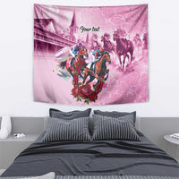 Pink horse race wall tapestry with central riders and horses artwork