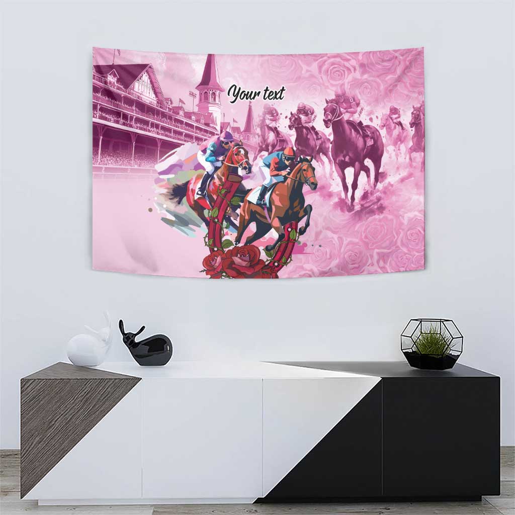 Pink horse race tapestry with castle tower, riders, and running horses